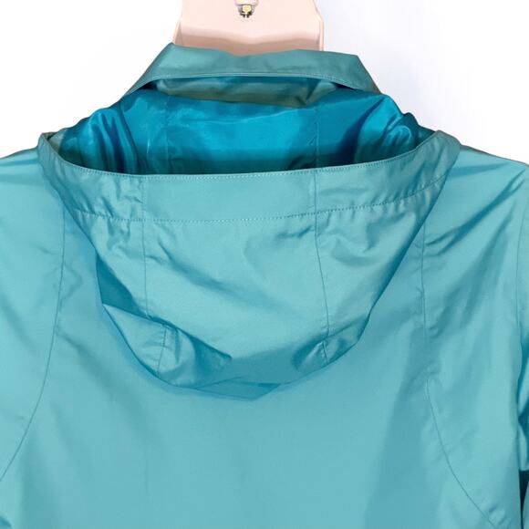 Y2K Eddie Bauer WeatherEdge Aqua Blue Hooded Windbreaker Rain Jacket Women Large - Picture 10 of 12
